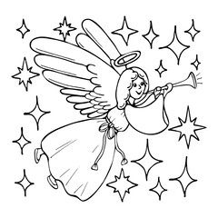 Coloring book Christmas angel in starry sky. Cute cartoon character. Hand drawn line art black white illustration. Coloring page for kids and adults.