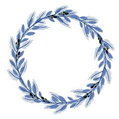 Fototapeta na wymiar Winter wreath with blue branches and berries. Design for Holidays invitation, greeting card, poster, packaging, print.