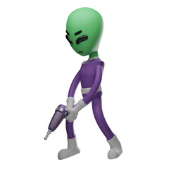 3D illustration. 3D Alien character focuses on gun shooting. showing an angry expression. wear cool clothes. 3D Cartoon Character
