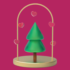 Happy New Year background. Green Christmas tree on gold round studio podium, realistic 3d decorative with hearts around. Xmas Decorations. illustration