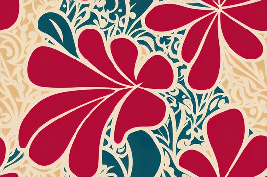 Hawaiian style hibiscus and tribal element fabric patchwork abstract vintage 2d illustrated seamless pattern