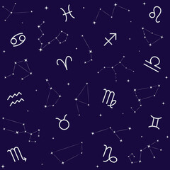 Materiał do szycia Seamless pattern with zodiac signs and constellations. Starry night sky, galaxy background. Vector illustration.