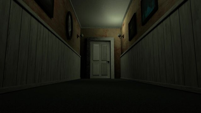 A door opens slowly in the spooky corridor 3d 4K animation. Horror interior of the old house