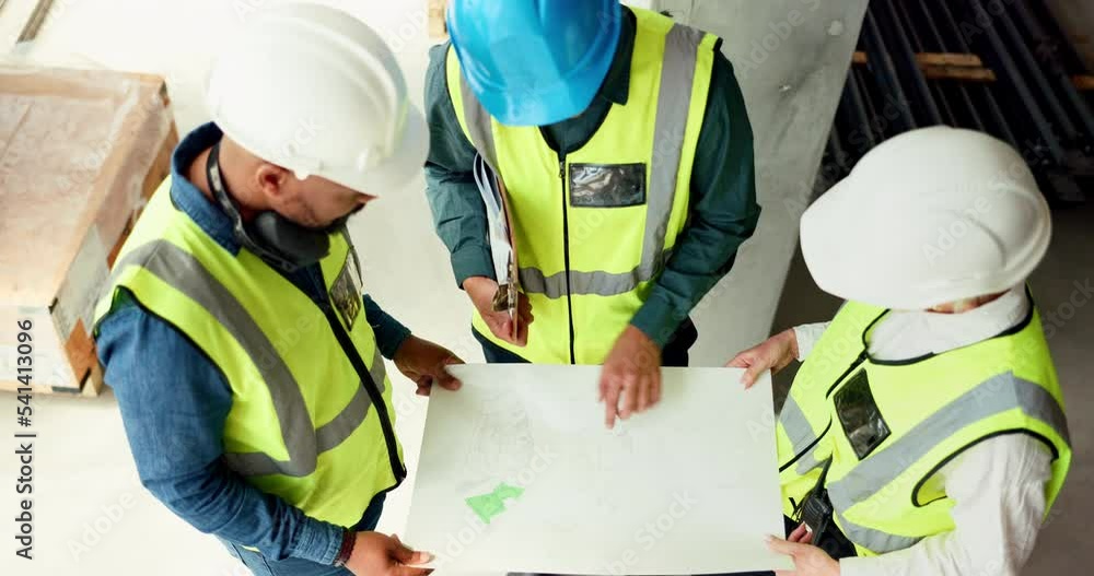Poster Engineer, blueprint and building project team with architect, builder and contractor talking safety, floor plan and project development. Manager man planning group strategy at construction site