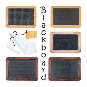 Different old blackboards with rag, sponge and chalk