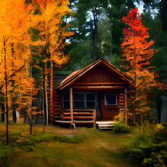 秋の山小屋のイラストです。