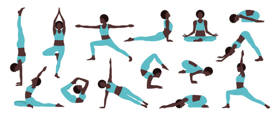 Set of woman doing yoga exercises isolated on white background