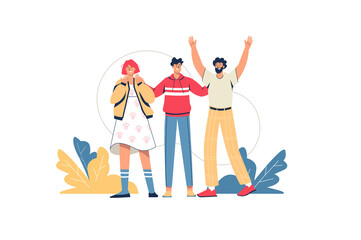 Happy people standing together web concept. Young friends embracing and smiling. Men and woman greeting and friendly gesturing, minimal people scene. Illustration in flat design for website