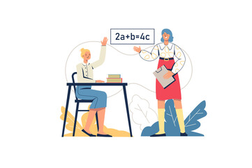 School learning web concept. Schoolgirl answers in lesson, teacher teaches subject. Student at exam. Primary education, training, minimal people scene. Illustration in flat design for website