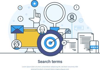 Search terms, keyword research optimization service web banner. Seo keywording analysis process, optimization marketing landing page thin line design