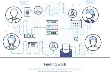 Finding work, hiring and recruitment agency web banner. Job interview, vacancy and professional employee online search. HR company web page thin line design
