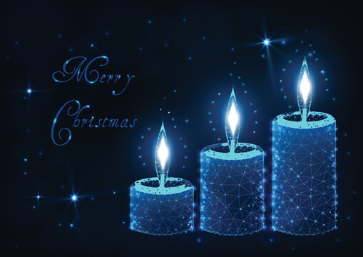 Merry Christmas greeting card with decorative aroma candle with flames, shiny stars and text.