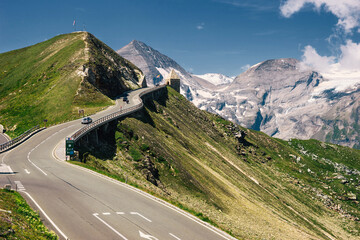 Beautiful view of the high Alpine road Grossglockner, Austria. Tyrol, Europe. Tourist destination, tourist attraction. Concept of autotourism.