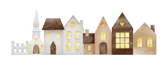 Christmas scandinavian town, winter city landscape, cute houses. New Year holiday design for cards, prints, scrapbooking