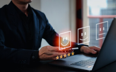 Customer service and Satisfaction concept, Business people touching the virtual screen on the happy...