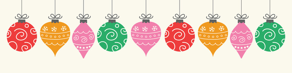 Colourful hanging Christmas baubles. Banner with decorations. Vector illustration