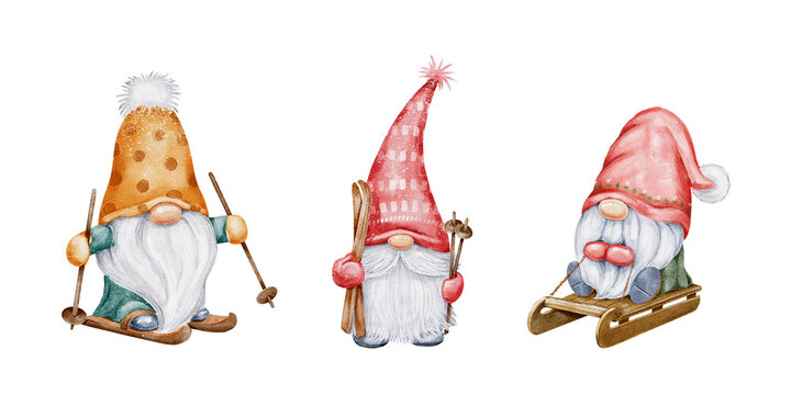 Cute Christmas gnomes set isolated on white background. Funny cartoon characters. Watercolor hand painted illustrations. New Year holiday design for cards, invitations, scrapbooking