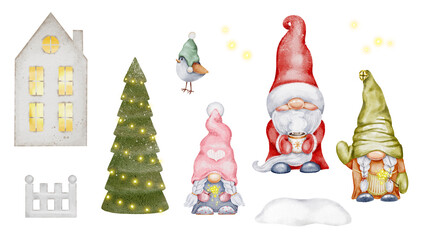 Cute Christmas gnomes set isolated on white background. Tree, house, santa. Funny cartoon characters. Watercolor hand painted illustrations. New Year holiday design