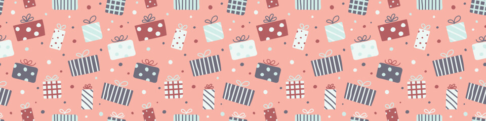 Pattern with Christmas gift boxes. Wallpaper concept. Banner. Vector