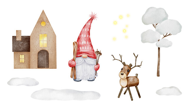 Cute Christmas gnome, snow, wooden deer, scandinavian house isolated on white background. Tree, house, santa. Funny cartoon characters. Watercolor hand painted illustrations. New Year holiday design 