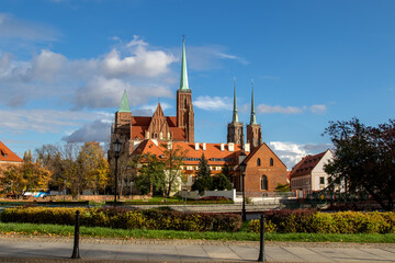 Panoramic view of Tumski Island and the towers of Catholic churches: the Cathedral of St. John the Baptist in Wrocław and Collegiate Church of the Holy Cross and St. Bartholomew
