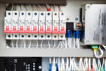 Voltage distributor with circuit breakers. New automated system of electric power supply and distribution. Electric boxes with high-voltage equipment.