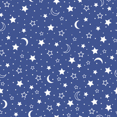 Cute star pattern . Seamless vector texture. a template for fashionable prints. Print with small white stars, moons and dots. Blue background.