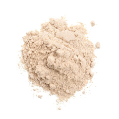 Pile of buckwheat flour isolated on white, top view