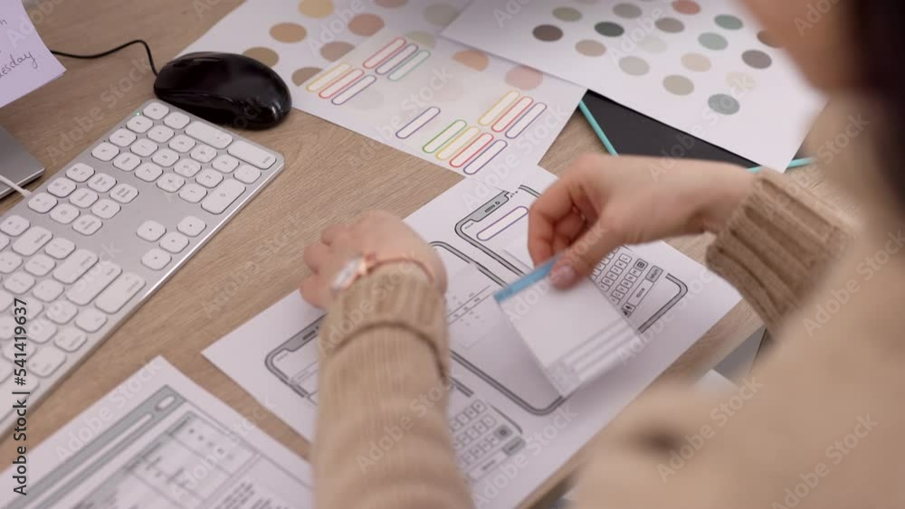 Poster phone, app and design with the hands of a woman in business working on software development in her o
