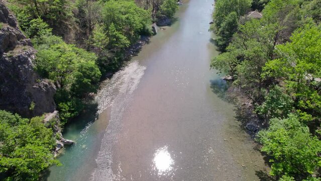 Aerial of Aoos river near Konitsa, Greece in the summertime.