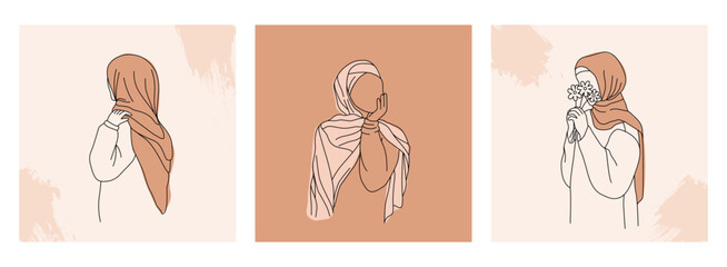 Set vector illustrations of arabian hijab woman. Modern abstract faces fashion muslim girl. Simple minimal line art style.