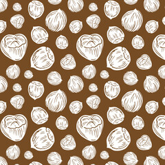 Seamless vector pattern with linear outline hazelnut. Sketches of nuts in vintage style