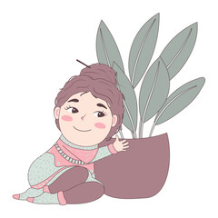 cute cartoon doodle girl in a voluminous ugly hygge sweater with a bun on her head will hug a houseplant pot