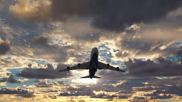 Scene with a big passenger airplane taking off from airport runway against evening sky. Departure of the tourists to the travel vacations on the commercial airliner jet on a background of sunset sky.