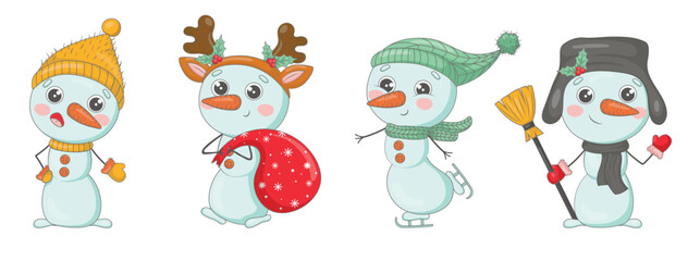Bundle of cute cartoon snowmen in knitted hats and scarves with Christmas gifts, snowflakes, holly, dressed as New Year characters