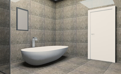 Fototapeta na wymiar Modern bathroom including bath and sink. 3D rendering.. Blank paintings. Mockup.