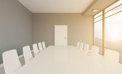 Furniture set with table, chairs and devices. 3D rendering.. Sunset