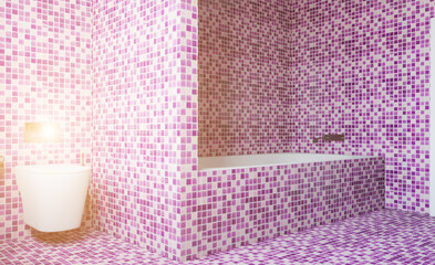 Modern bathroom including bath and sink. 3D rendering.. Sunset.