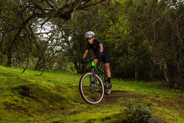 Obraz premium Woman cyclist with helmet and goggles on her bike crossing a wooded area on a mountain