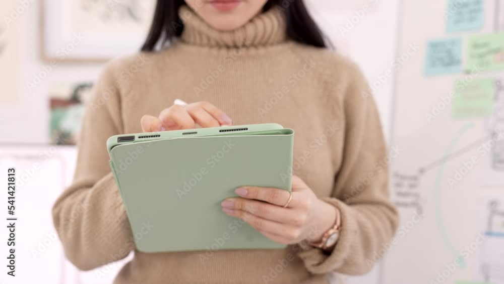Poster Woman, tablet and ui ux design with the developer being creative for mobile app project with a pen in office. Female planning, web design and development of wireframe on storyboard for website idea