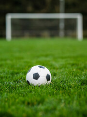 Classic soccer of football ball on the dark green grass field in focus. Goal post out of focus in...