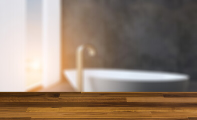 Fototapeta premium Bathroom interior bathtub. 3D rendering.. Sunset.. Background with empty wooden table. Flooring.