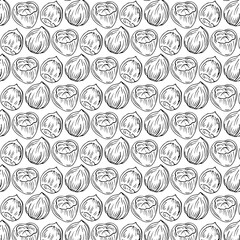 Seamless vector pattern with linear outline hazelnut. Sketches of nuts in vintage style