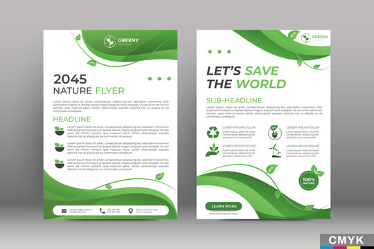 Green eco flyer, poster, brochure, magazine, annual report, booklet, cover banner template. Modern green leaf, environment design. Size A4 CMYK Vector illustration