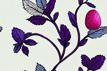 Seamless repeated surface 2d illustrated pattern design with strawberries and blueberries and little white and purple flowers on branches on a pink background