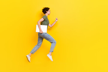 Fototapeta na wymiar Full length photo of funny funky lady addicted user look empty space shopping sale modern device ad isolated on yellow color background