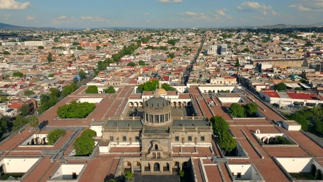 Aerial View Of Hospicio Cabañas, Cultural Museum In Guadalajara, Mexico. drone pullback
