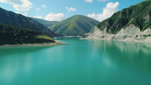 Aerial over lake Kezenoy-am with turquoise water and tall mountains around. Stunning scenery in highlands of Chechen Republic, Russia