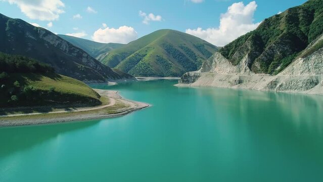 Aerial over lake Kezenoy-am with turquoise water and tall mountains around. Stunning scenery in highlands of Chechen Republic, Russia