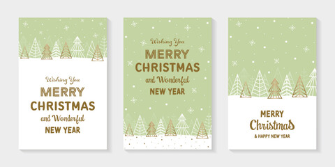Christmas greeting cards with golden trees - set. Vector illustration